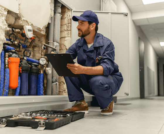 Plumber inspecting water filtration system